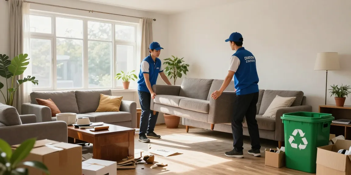 House clearance London team removing clutter from a living room, emphasizing eco-friendly waste disposal and professional service.