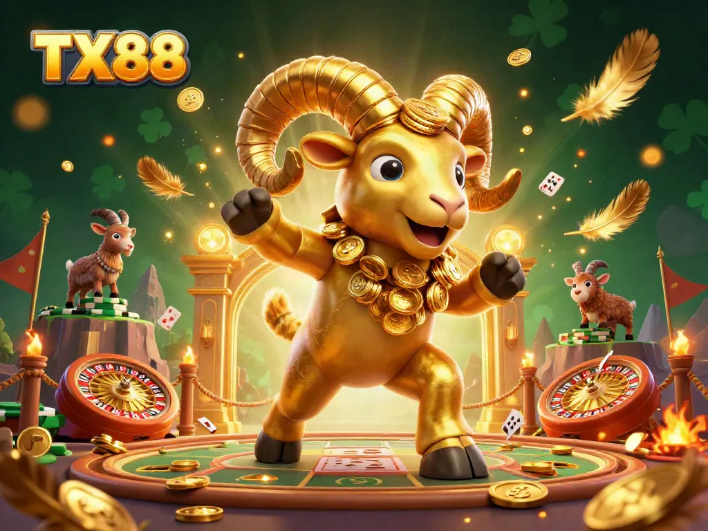 Experience the excitement of TX88 with dynamic golden ram charging amidst casino elements and vibrant visuals.