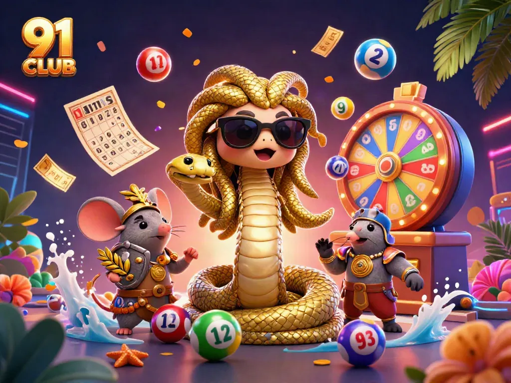 Join the excitement of 91 CLUB with a colorful scene of gaming and prizes.