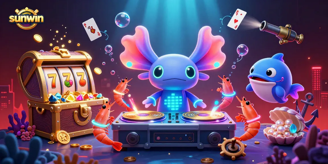 Experience sunwin's vibrant gaming scene with a neon axolotl DJ and thrilling slots action.