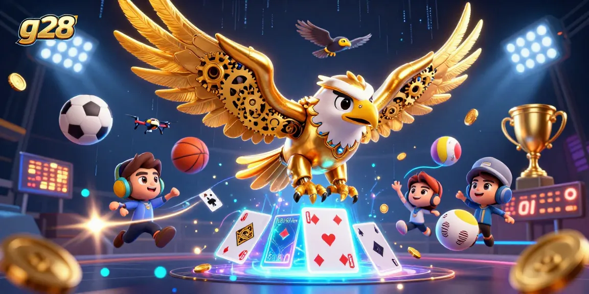 Engage in thrilling g28 sports betting with dynamic 3D characters, holographic elements, and casino atmosphere.