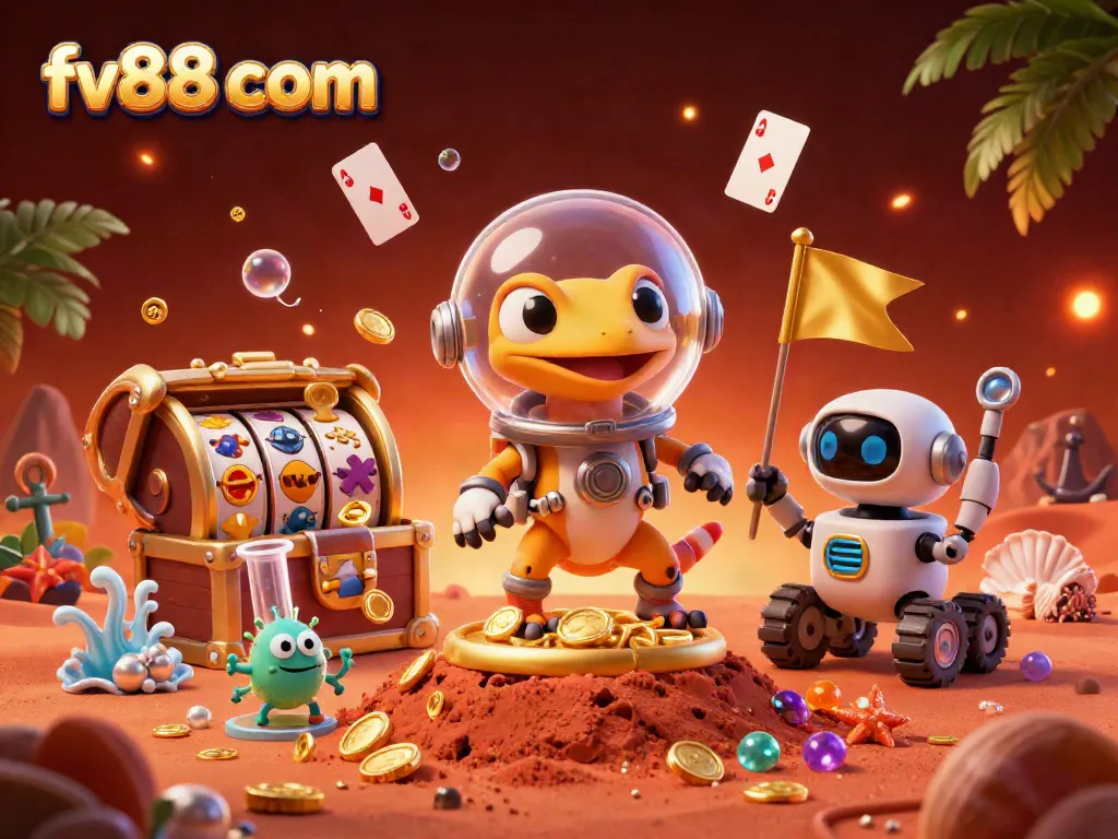 Experience the exciting world of fv88 com with vibrant gambling elements, featuring a Martian gecko discovering a golden casino.