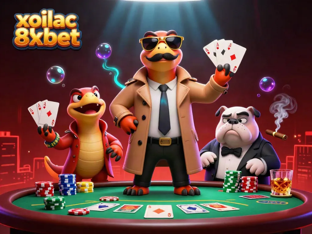 Join the excitement at xoilac 8xbet with raptors sneaking into a casino scene packed with poker and vibrant energy.