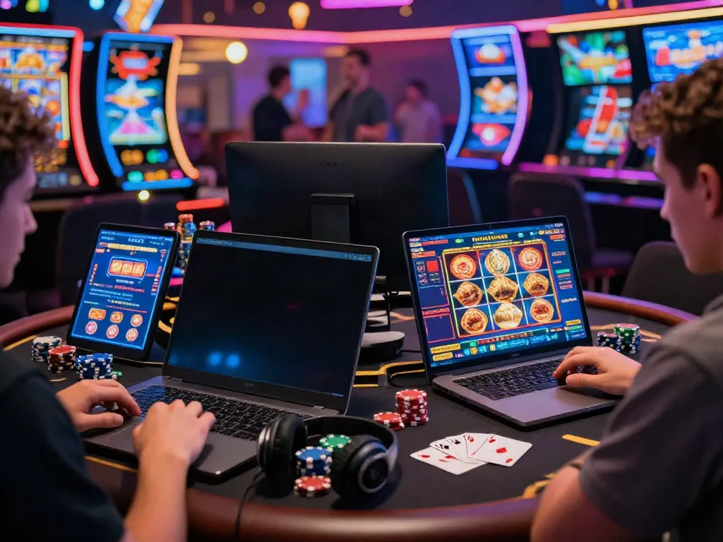 Engaging non gamstop casino scene with players enjoying vibrant digital games on laptops.