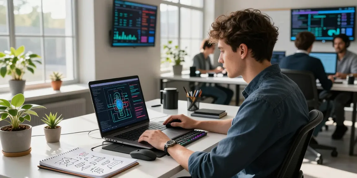 Professional tech workspace featuring an AI laptop and collaborative environment, ideal for software development.