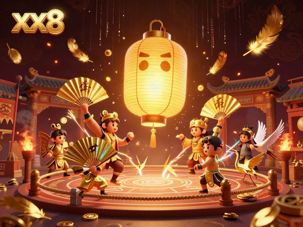 Engaging 3D illustration of the golden lantern spirit and paper fan warriors at xx8 casino.