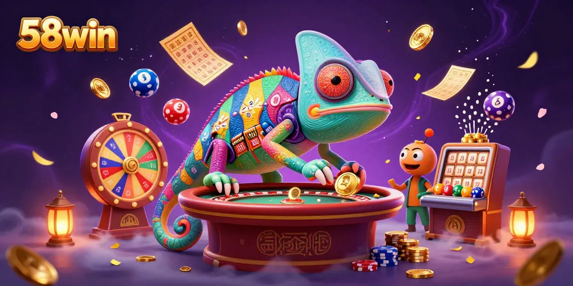 Experience thrilling wins at 58win with dynamic, colorful gaming elements and a lively chameleon casino owner.