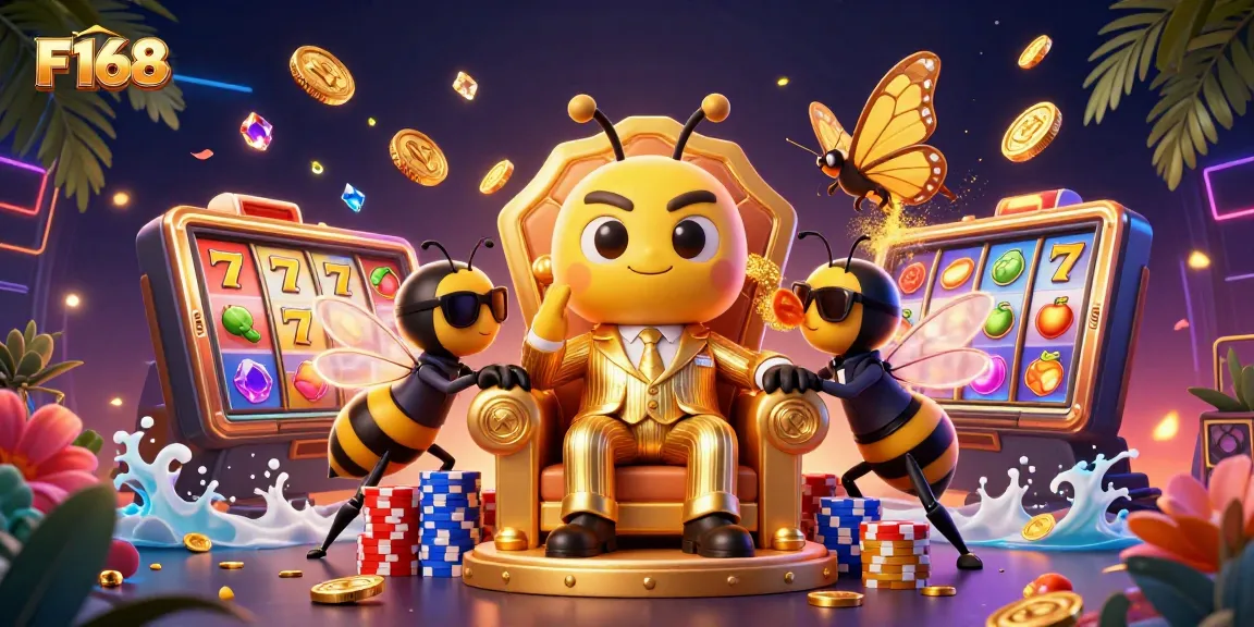 Experience the thrilling world of F168 as the cartoon mafia boss presides over vibrant slot games and casino wealth.