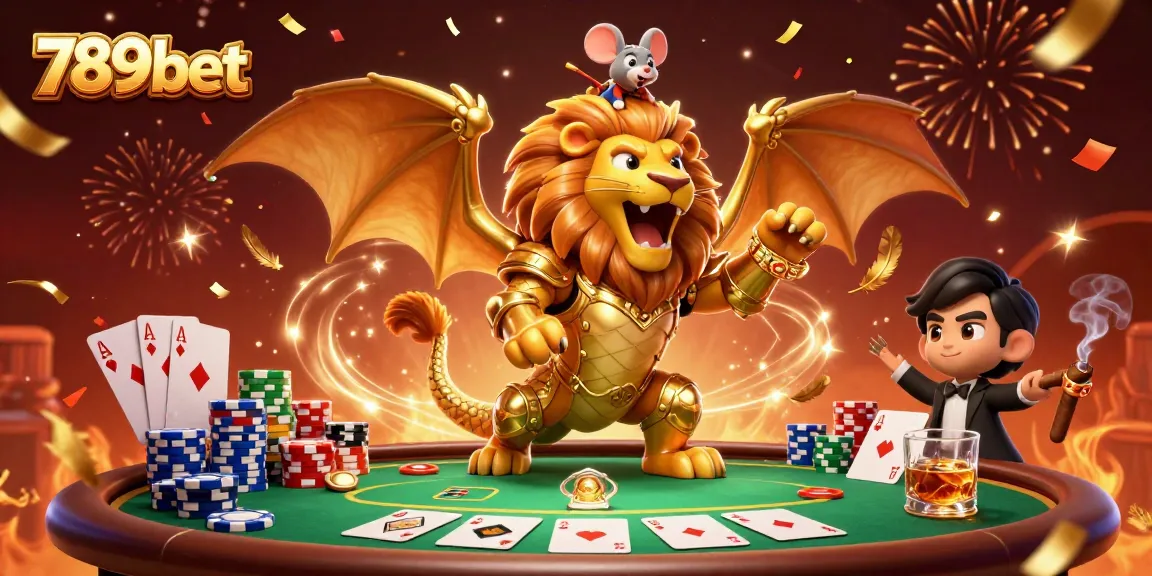 Engage with 789bet as the victorious chimera roars at the poker table, surrounded by chips and cards.