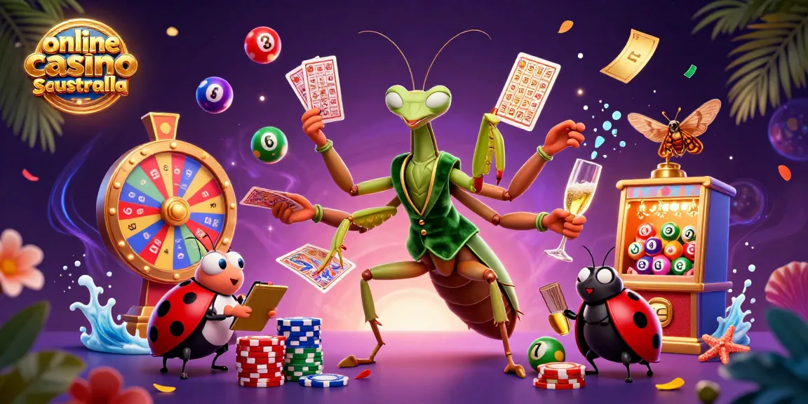 A dynamic scene of an online casino with a giant praying mantis and ladybug boss showcasing the excitement of online casino sites Australia with vibrant game elements.