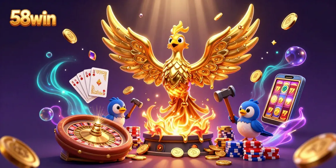 Experience the excitement of 58win with a golden phoenix amidst cascades of casino riches.