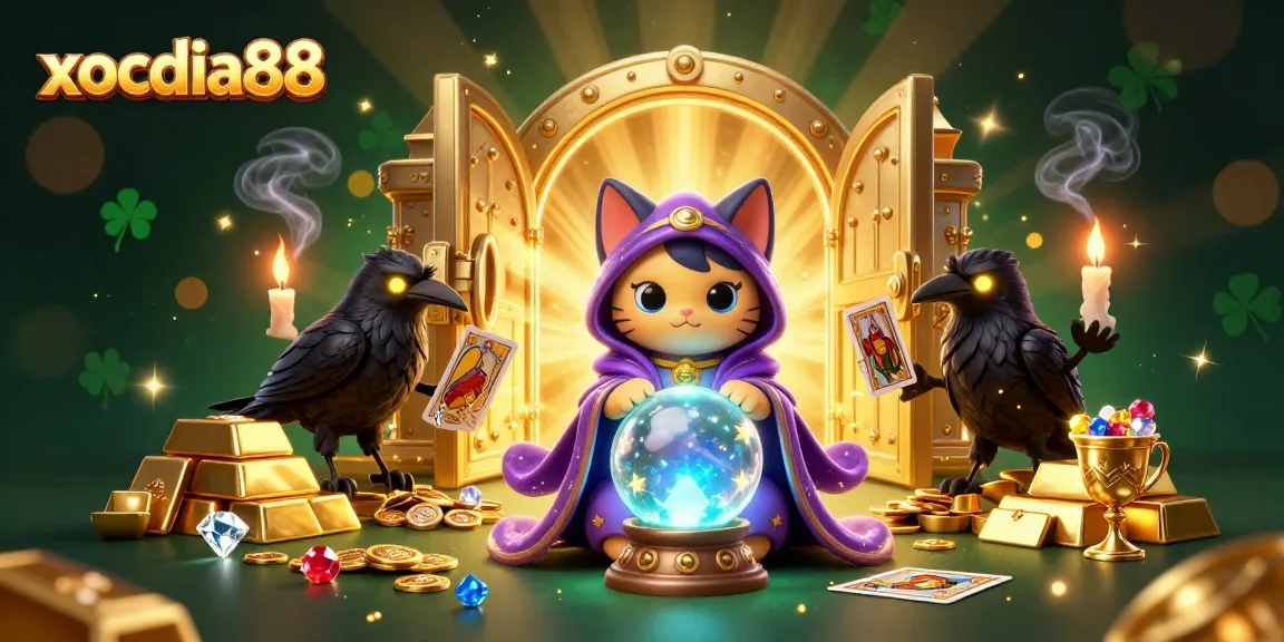 Xocdia88 players enjoy an enchanting scene with a mystic cat, tarot raven, and treasures bursting with prizes.