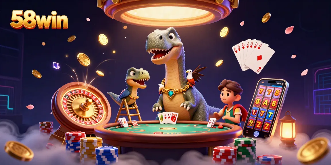 Engage with 58win's captivating gaming scene featuring a towering brontosaurus and a clever raptor in action.