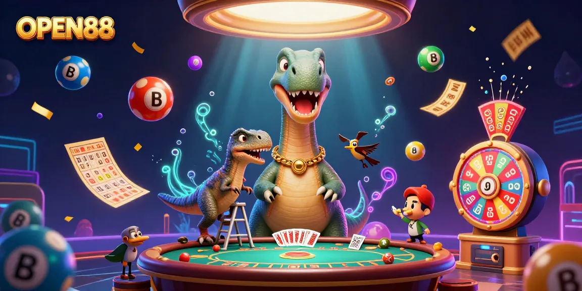 Experience the excitement of OPEN88 with a vibrant 3D casino scene featuring a towering brontosaurus and colorful game elements.