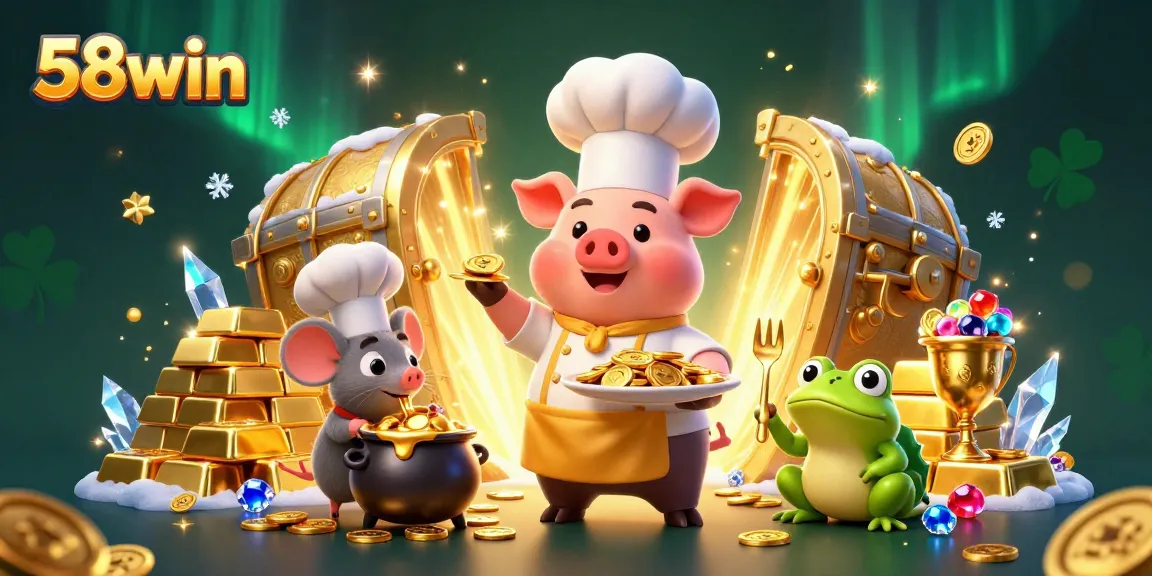 Experience the thrill of winning coins at 58win with vibrant 3D characters amidst gold and jewels.
