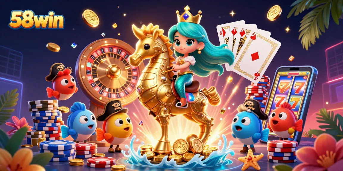 Engage with exciting games at 58win, featuring a vibrant casino world with a mermaid princess.