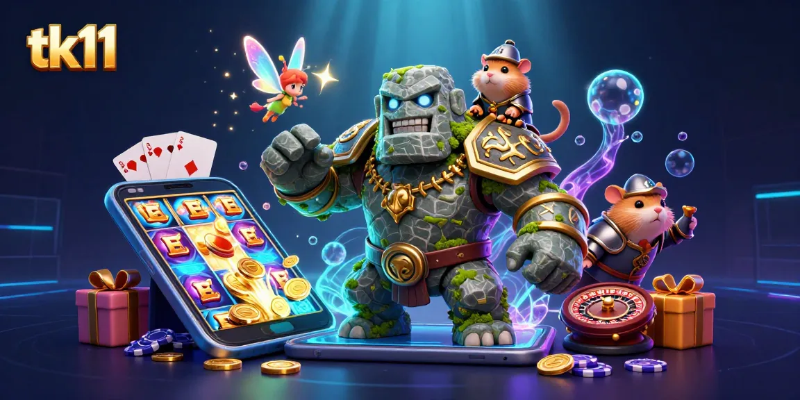 Engage with tk11's vibrant animated casino scene featuring slot games and dynamic characters.