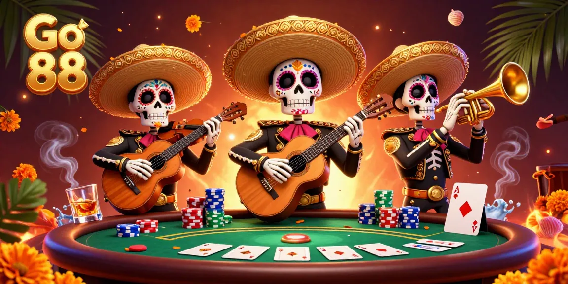 Experience thrilling fun with Go 88 at our vibrant casino featuring skeleton mariachi band and poker elements.