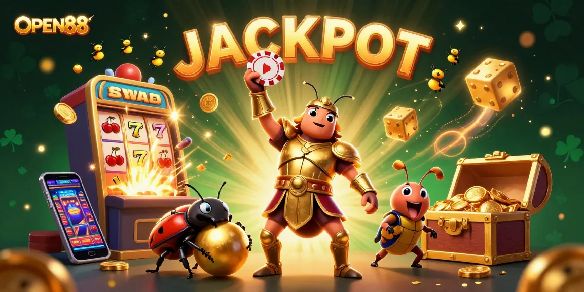 Experience the thrill of OPEN88 with a dynamic jackpot scene featuring an armored beetle celebrating a big win.