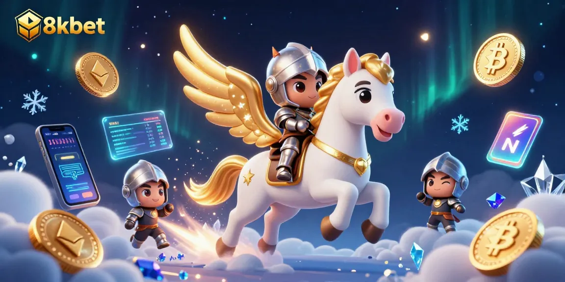 Experience the excitement of 8xbet with a vibrant 3D scene featuring a celestial knight flying through a cosmic casino landscape.