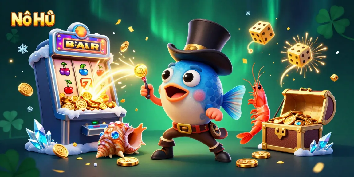 Nổ Hũ jackpot eruption with a deep-sea fish, shrimp, and gemstone snail attracting players into thrilling slots.