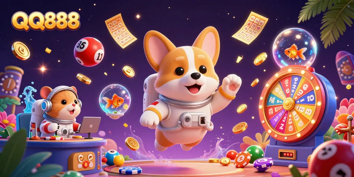 Engage in thrilling gameplay at QQ888 with a vibrant casino scene featuring animated characters and exciting gambling elements.