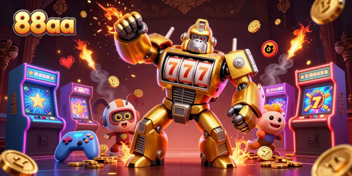 In an exciting scene, the golden gorilla mech showcases 88aa's vibrant casino arcade theme with slot machines and coins bursting.