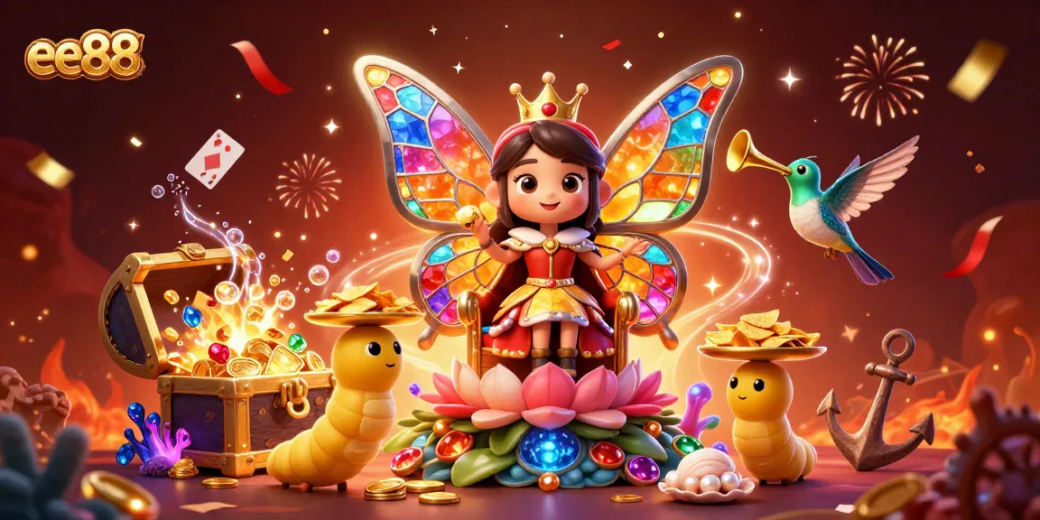Join the excitement of ee88 with a dazzling 3D illustration of a butterfly queen and vibrant casino elements.
