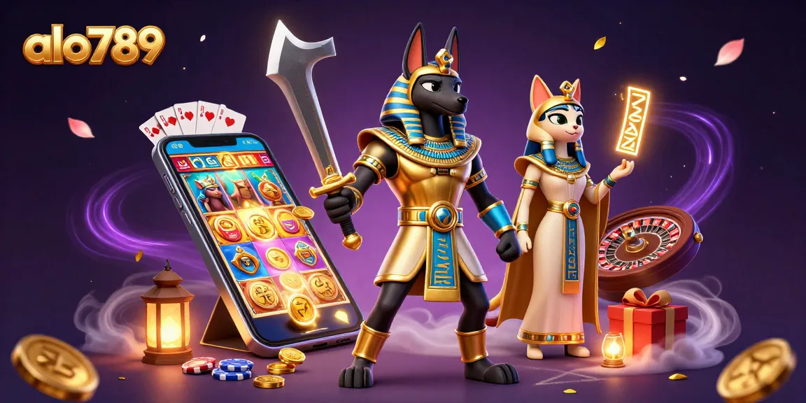 Play thrilling games at alo789 with a vibrant 3D casino scene featuring Anubis and Bastet.