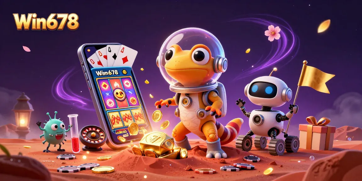 Win678 Martian gecko uncovers a hidden casino among Mars sand, featuring dynamic gaming elements.