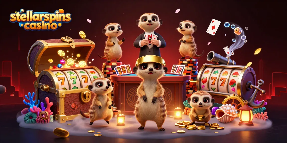 Engage at stellarspins casino with a vivid depiction of meerkats running casino games and winning treasures.