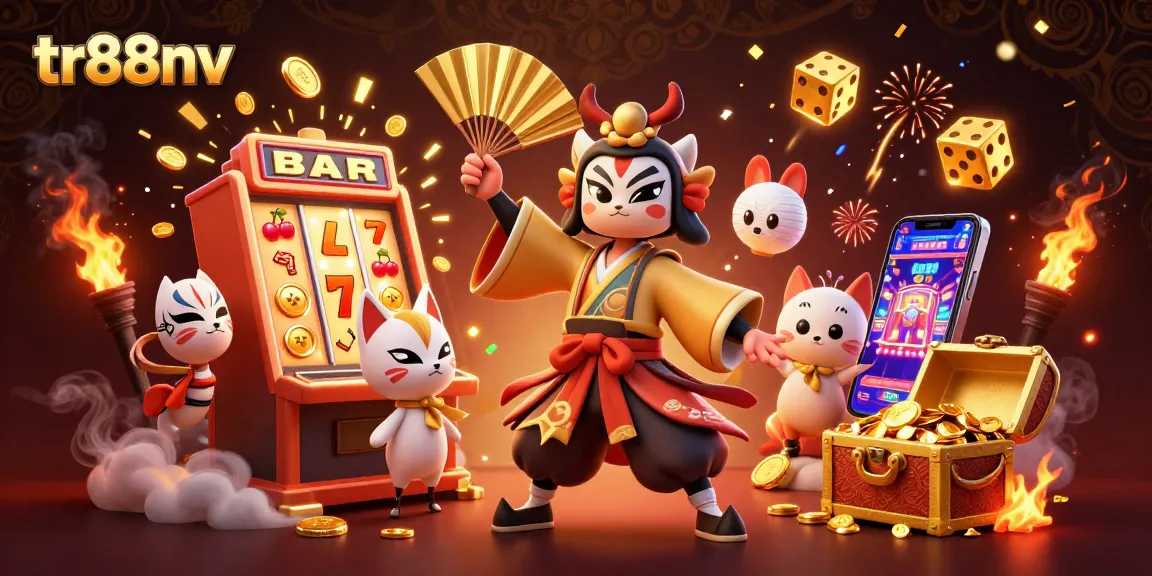 Join the excitement at tr88nv, with a kabuki warrior and kitsune mask amid slot machine jackpots.