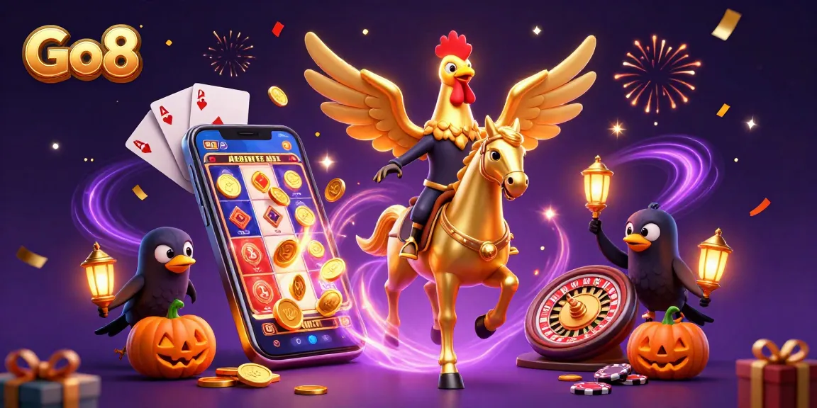 Engage in thrilling gaming action with Go8's vibrant casino atmosphere featuring a golden rooster, magical elements, and interactive slot experience.