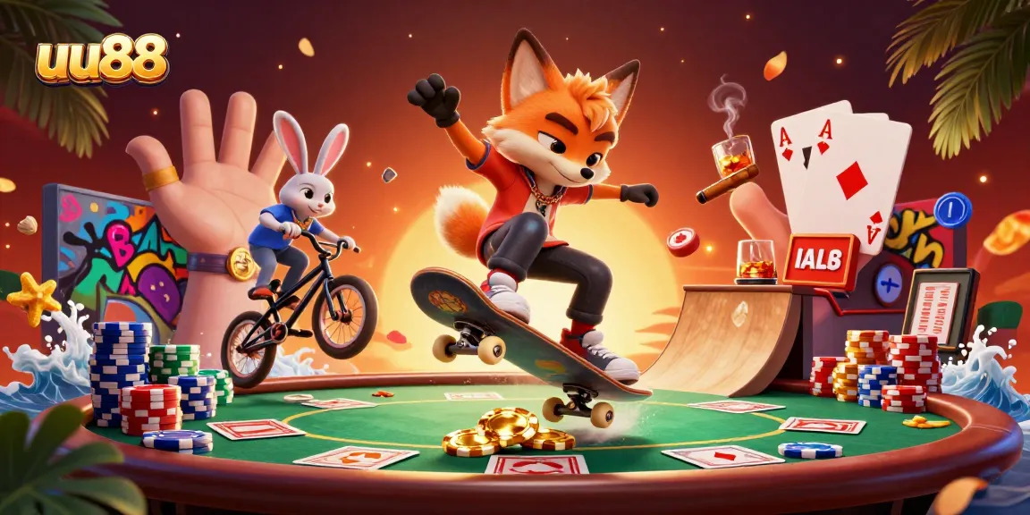uu88 promotes thrilling gameplay with a 3D fox flipping over poker chips amidst vibrant casino elements.