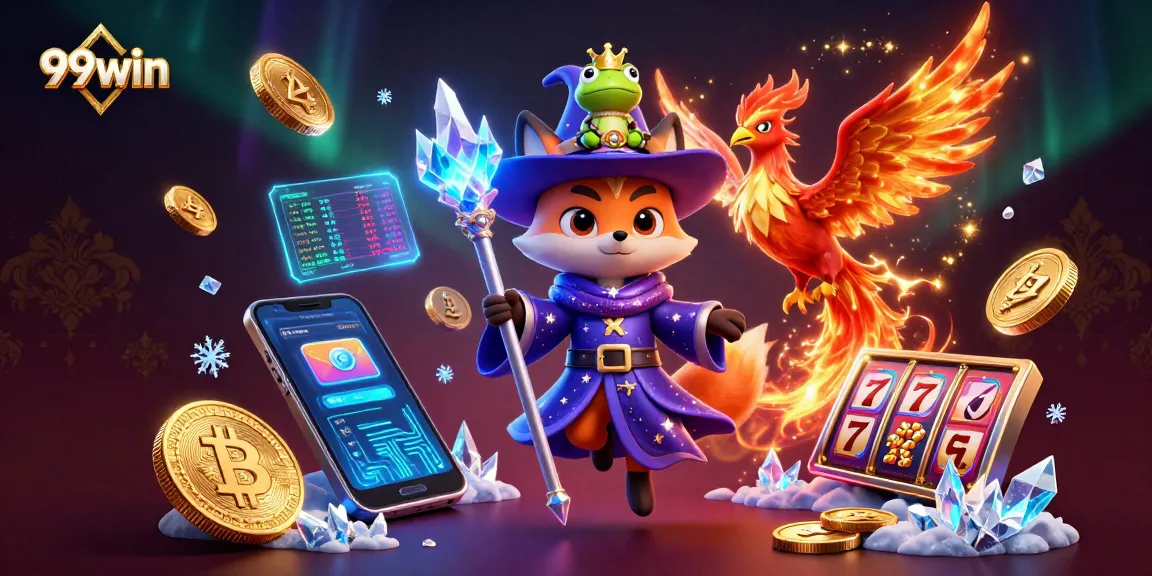 Experience the vibrant gaming world of 99win, with a mystical wizard, phoenix, and dazzling casino elements.