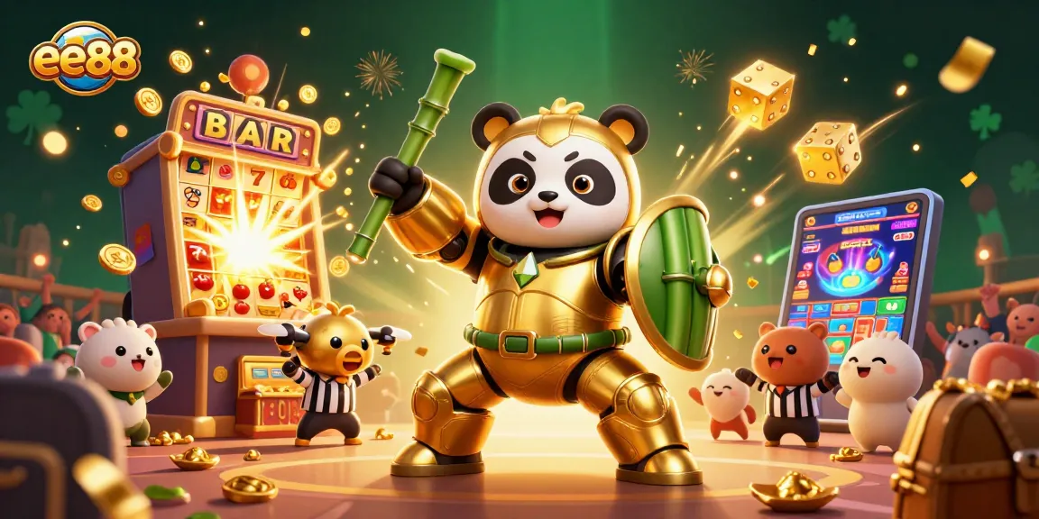 Feel the excitement with ee88 as the mech-suit panda battles in a colorful casino arena.