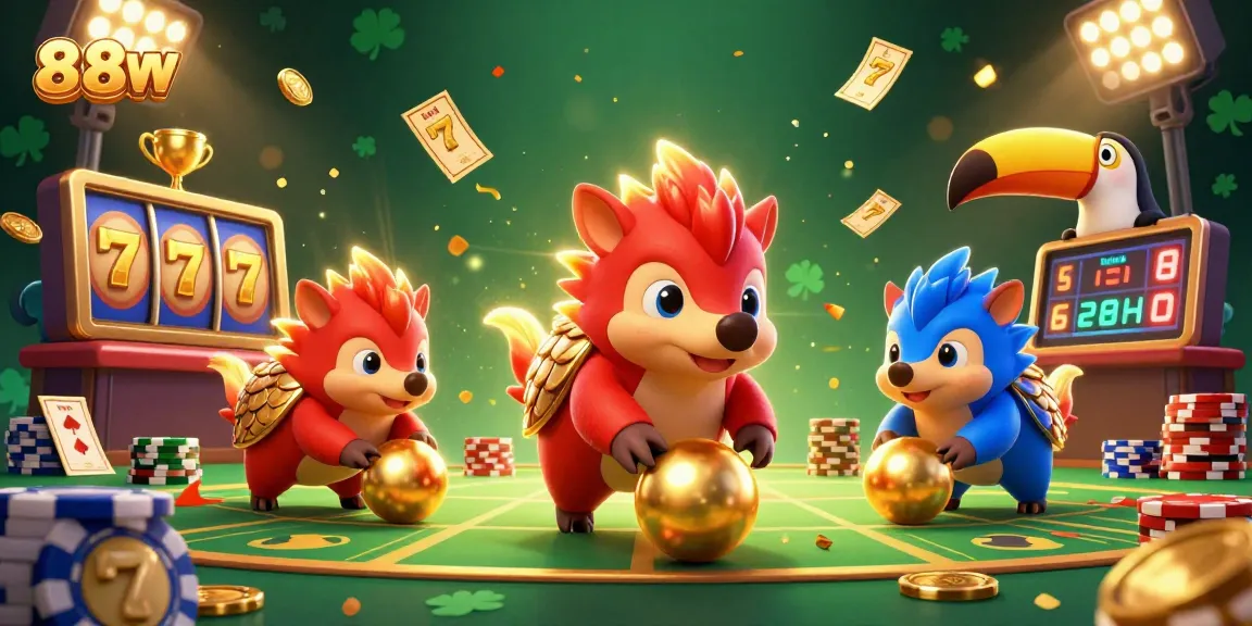 Competing pangolins roll golden balls in a vibrant 88vv slots illustration.