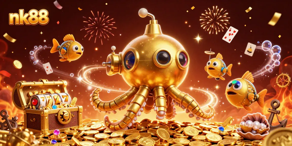 Experience nk88’s thrilling gaming adventure with a golden kraken and vibrant treasures.