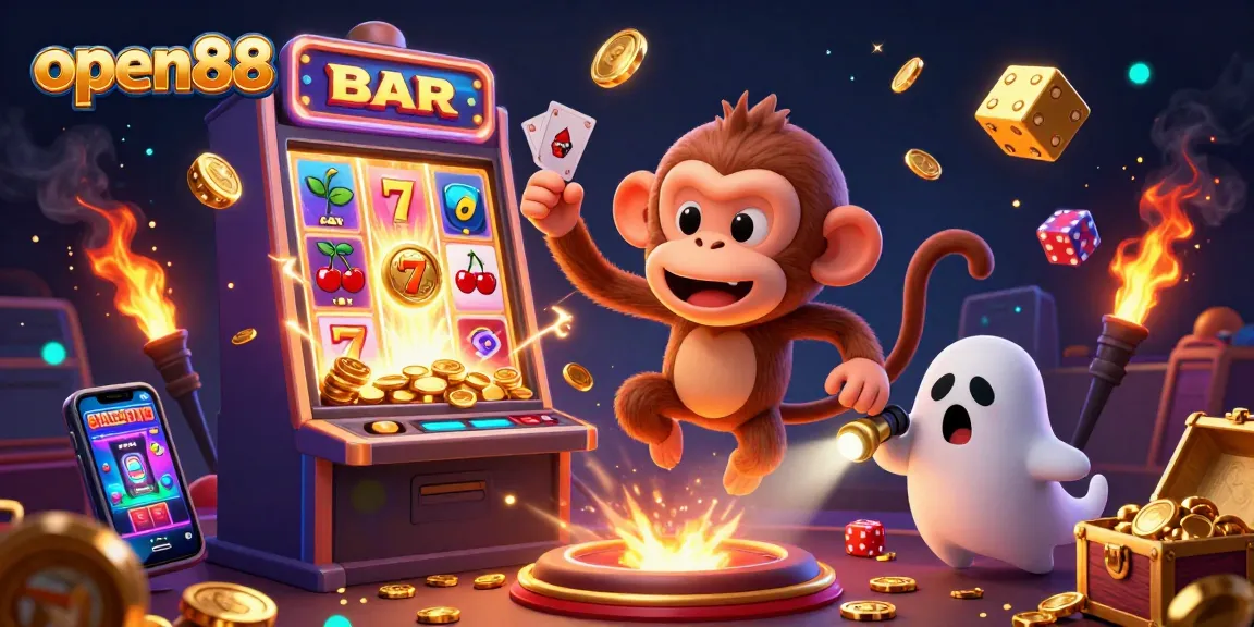 Engage with open88 in a vibrant casino scene featuring a mischievous monkey and playful puppy.