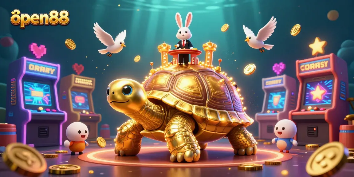 Engage with open88's vibrant casino scene featuring a golden tortoise and exciting game elements.