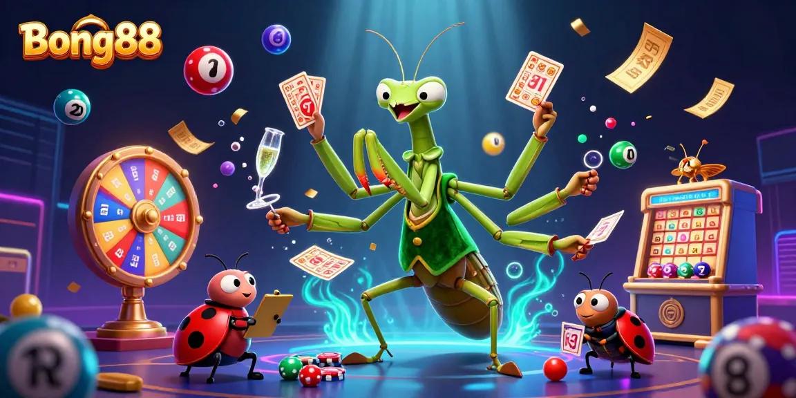Bong88 showcases vibrant 3D illustration of a giant mantis and ladybug pit boss in an energetic casino setup.
