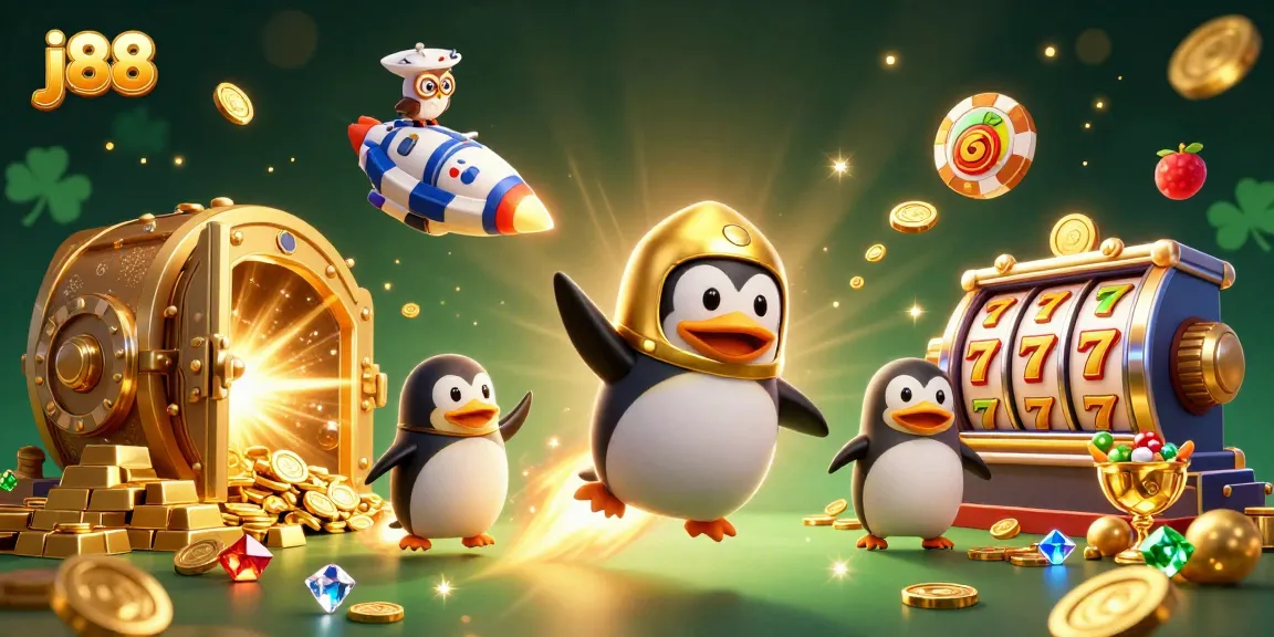 j88 slot reels sparkle as a golden penguin races to a casino space station