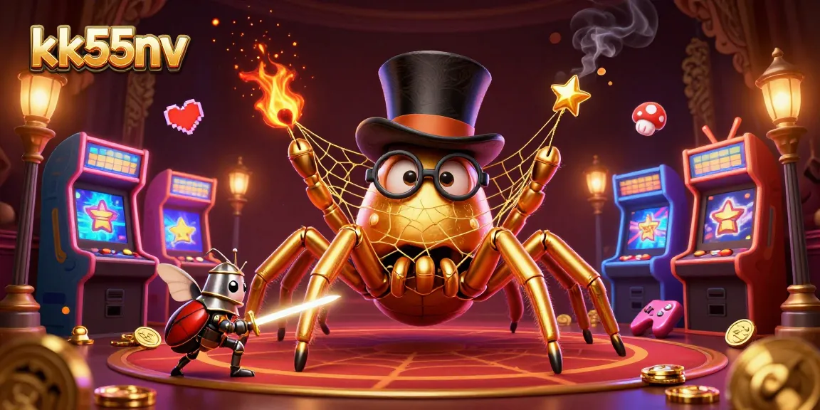 Engage with kk55nv's vibrant 3D casino world featuring a golden tarantula and dynamic game elements.