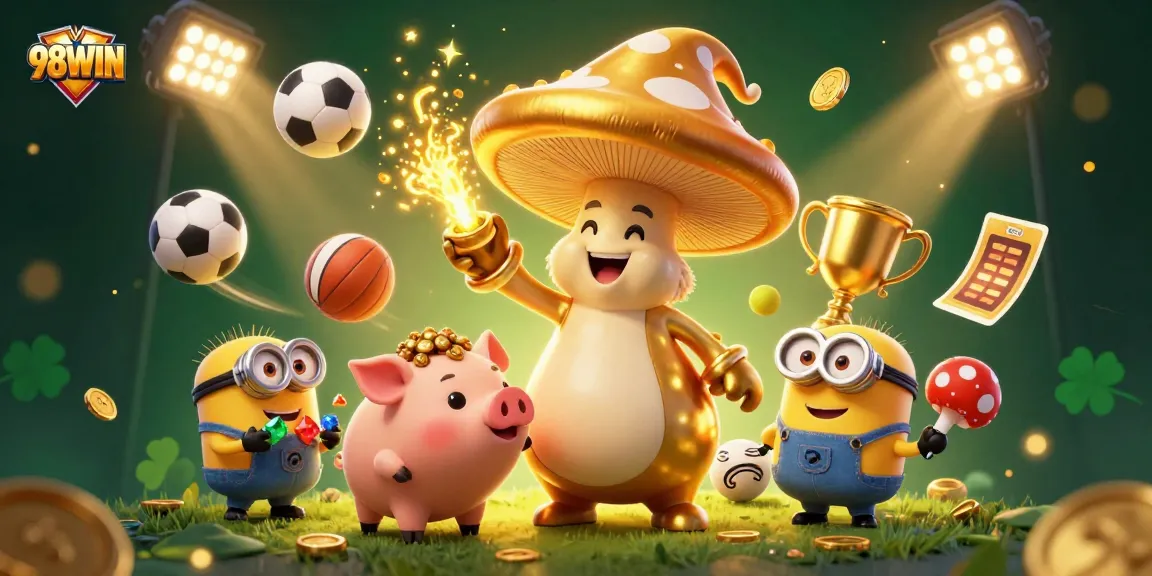 Experience the magic of 98WIN with treasures and sports elements in a dynamic 3D casino illustration.