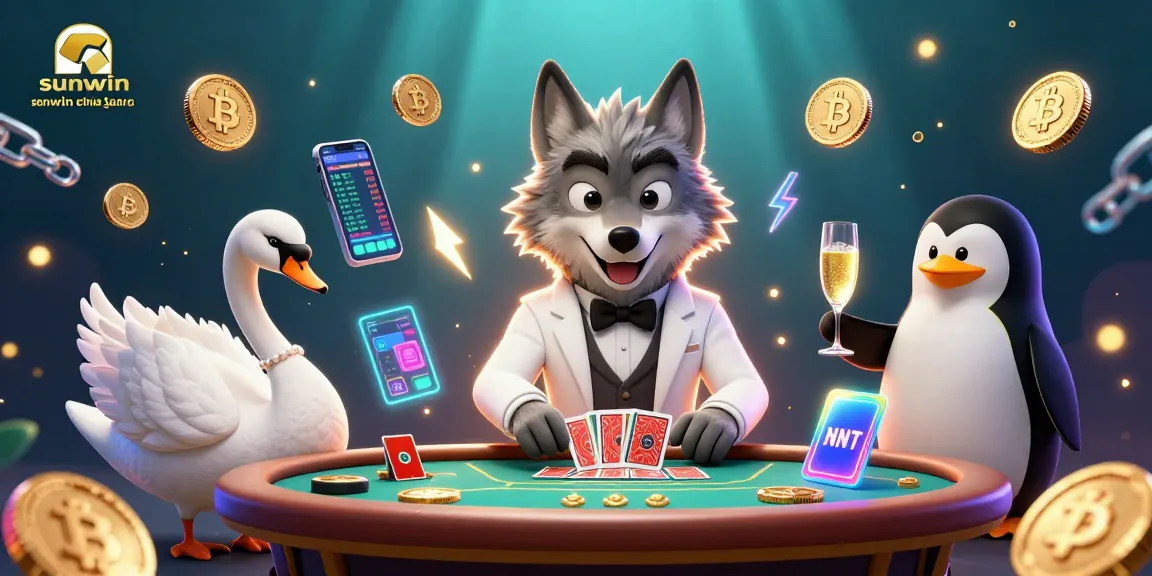 Experience the thrill of sunwin chính hãng with a vibrant casino scene featuring a debonair wolf, swan dealer, and penguin sommelier.