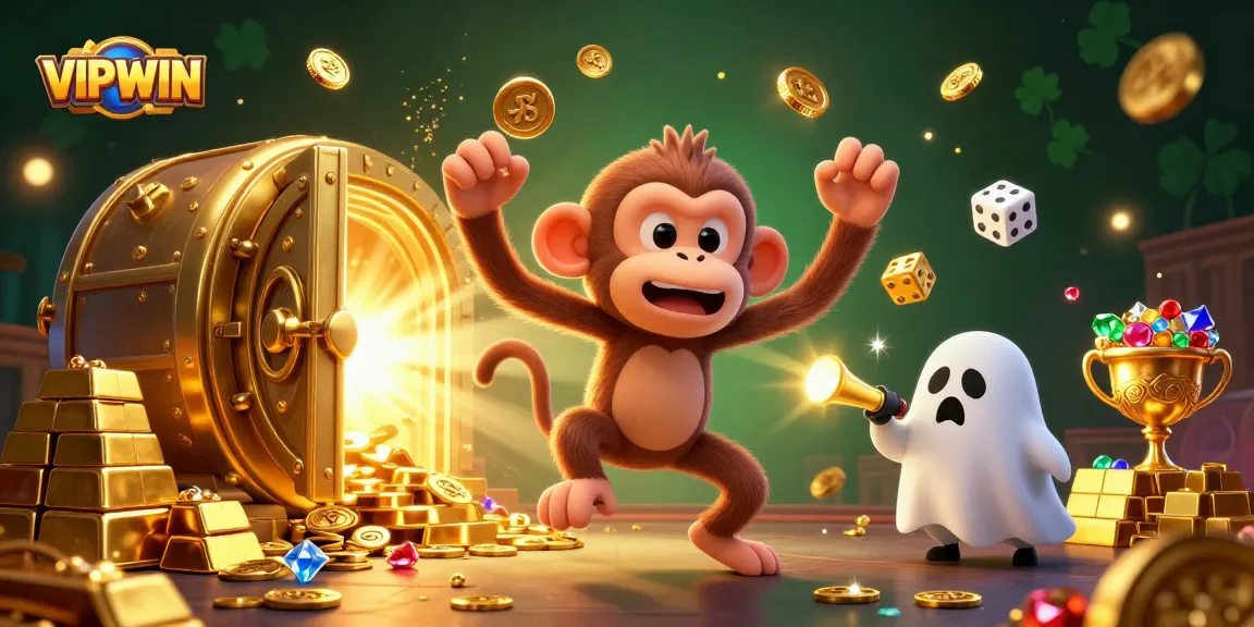 VIPWIN players engaging in thrilling casino action with a mischievous poltergeist monkey and a curious ghost-hunter puppy.