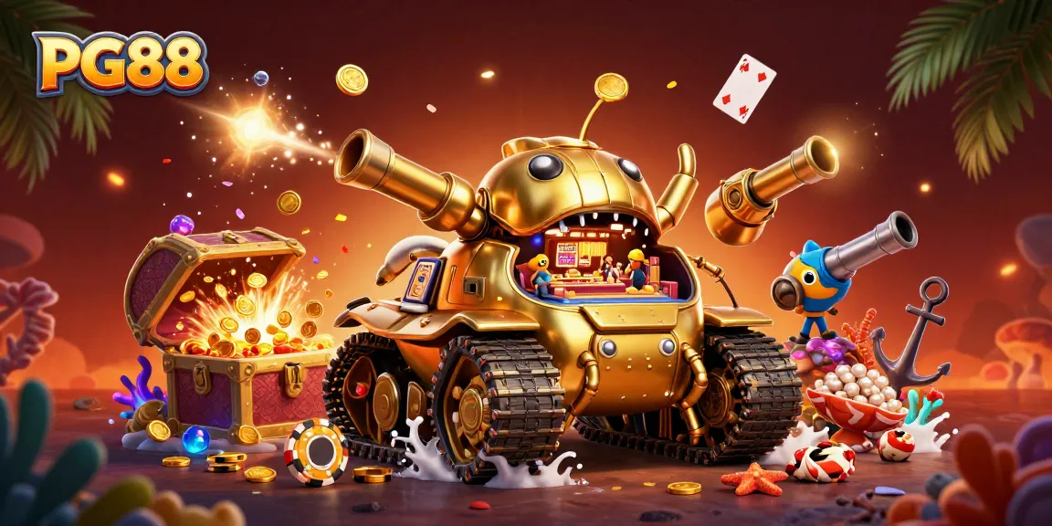 Experience the excitement at PG88 with a vivid illustration of a unique casino scene full of treasures and dynamic gambling elements.