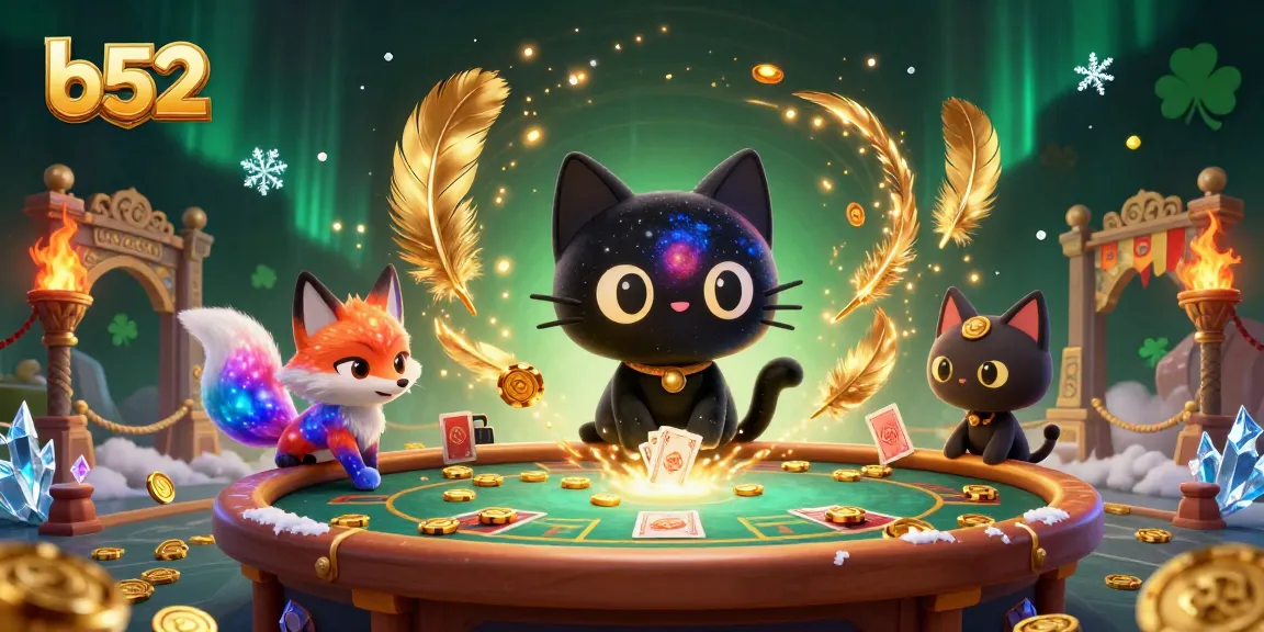 B52 casino table featuring a cosmic black hole cat and vibrant nebula fox attracting golden chips.