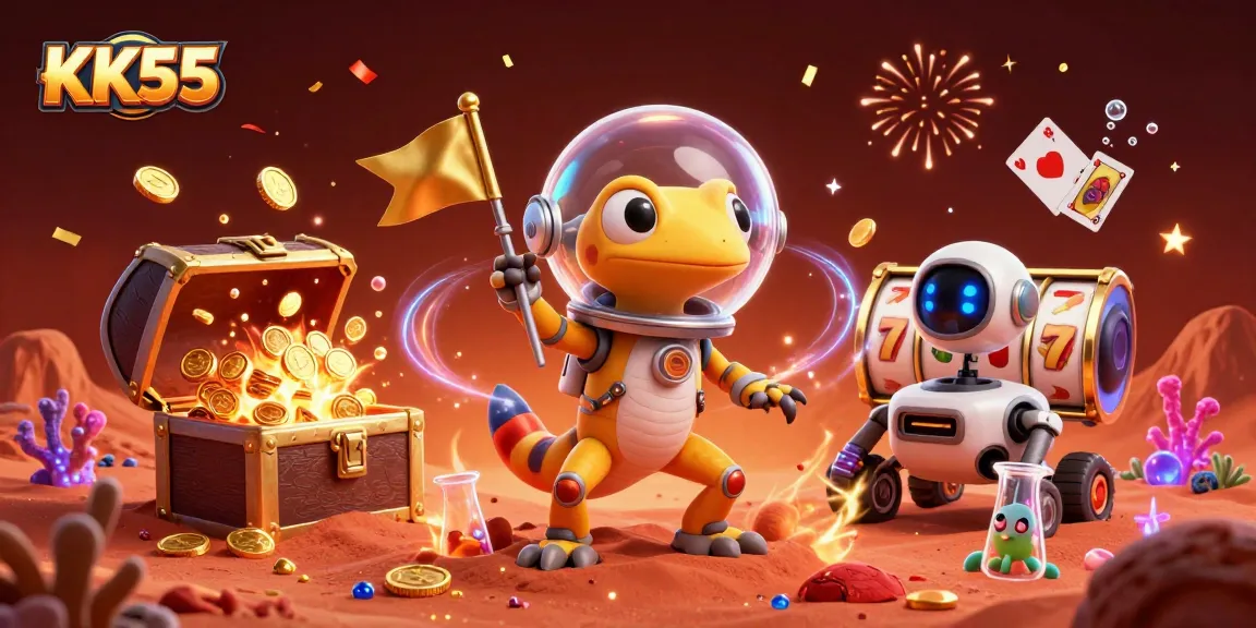 Experience KK55's thrilling golden casino adventure in a vibrant 3D cartoon Martian scene.